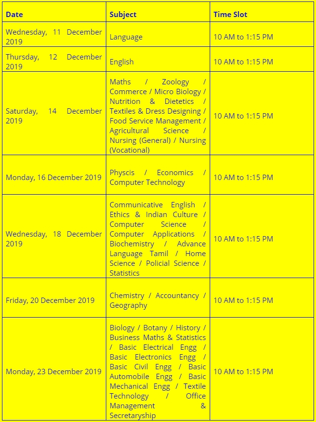 TN Half Yearly Exam Timetable 2019 Plus One